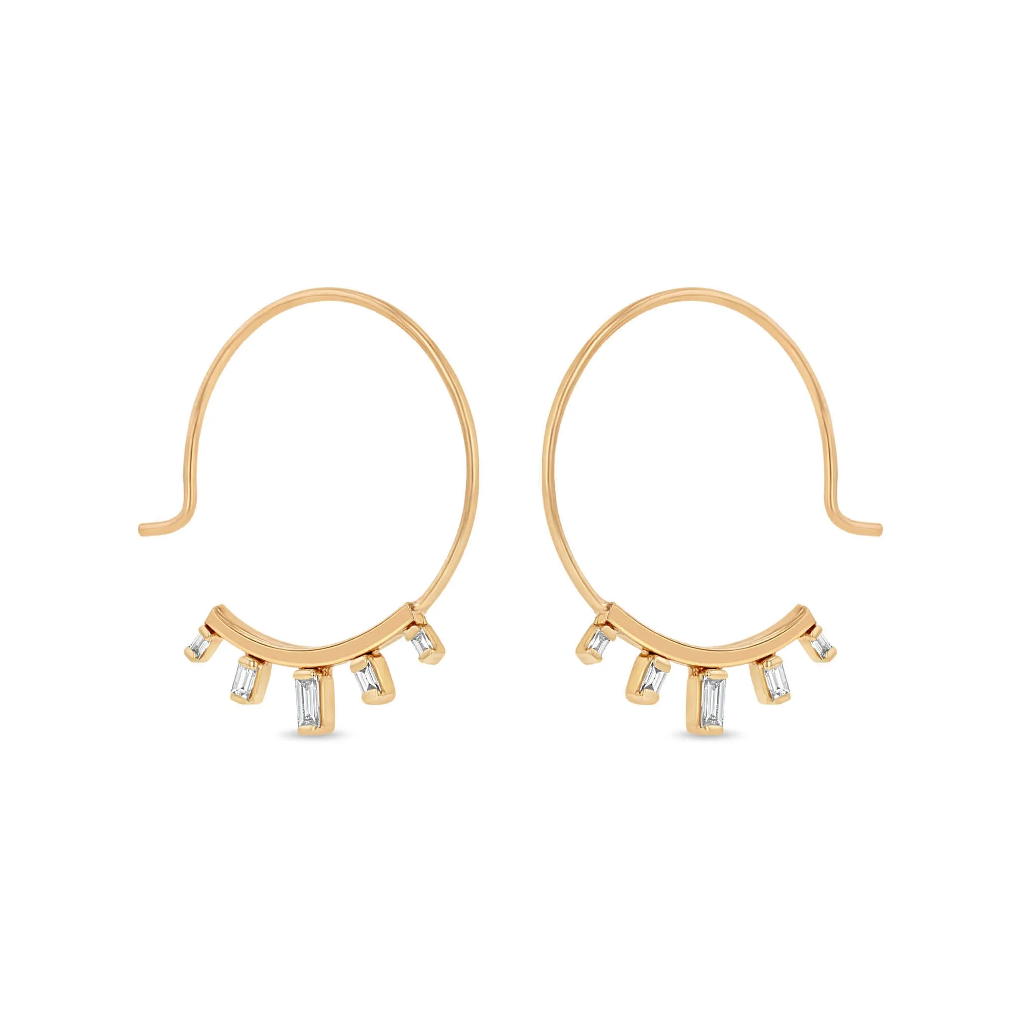 14k Graduated Baguette Diamond Wire Threader Hoops