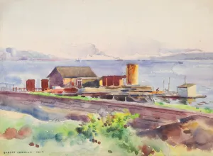 1914 Boathouses Along Hudson River Watercolor Painting by  Egbert Cadmus