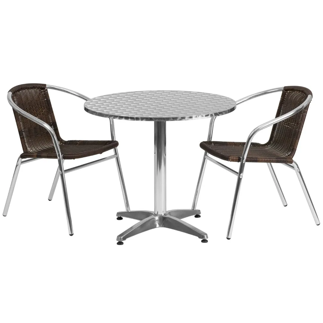 31.5'' Round Aluminum Table Set with 2 Rattan Chairs - Commercial Grade