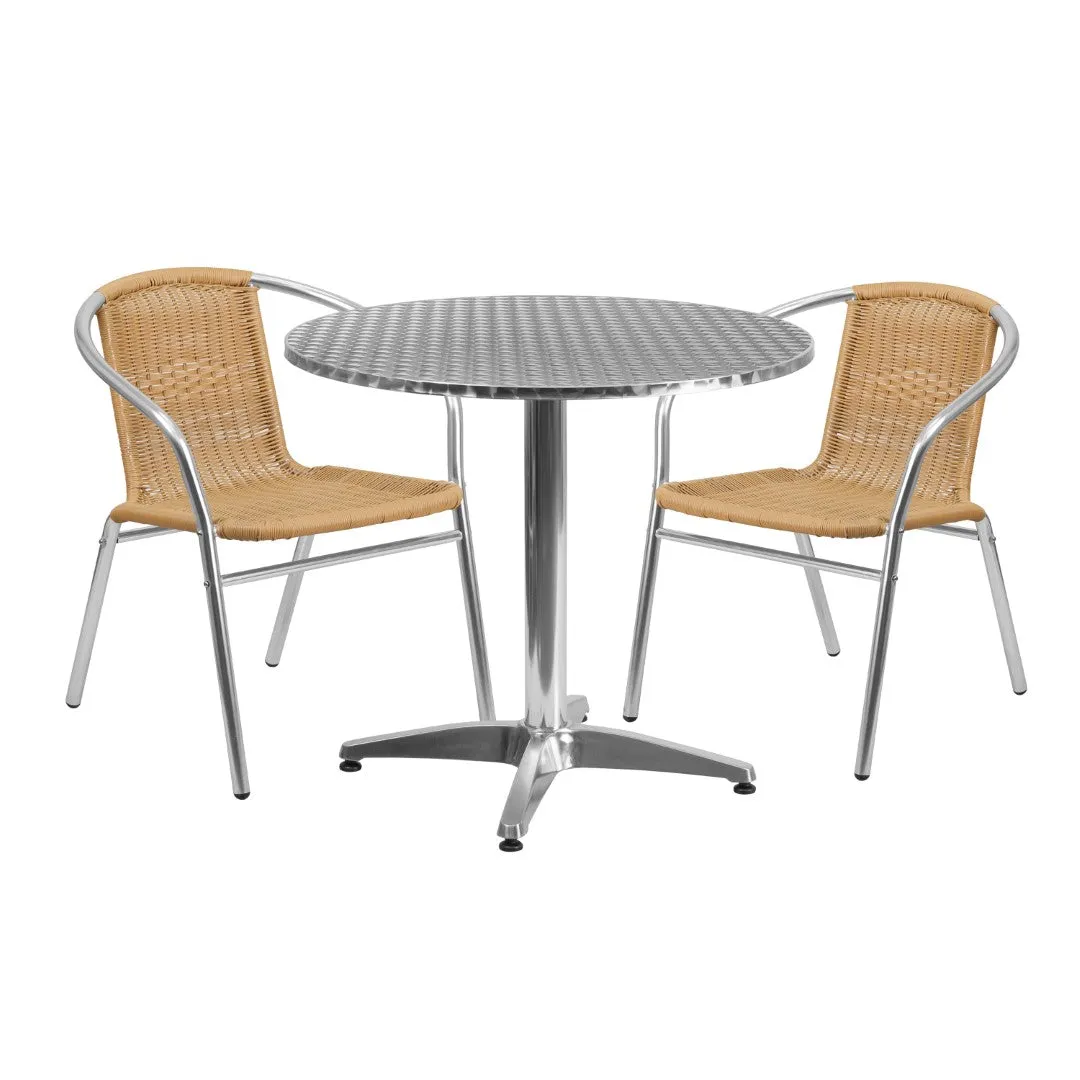 31.5'' Round Aluminum Table Set with 2 Rattan Chairs - Commercial Grade