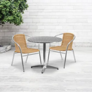 31.5'' Round Aluminum Table Set with 2 Rattan Chairs - Commercial Grade