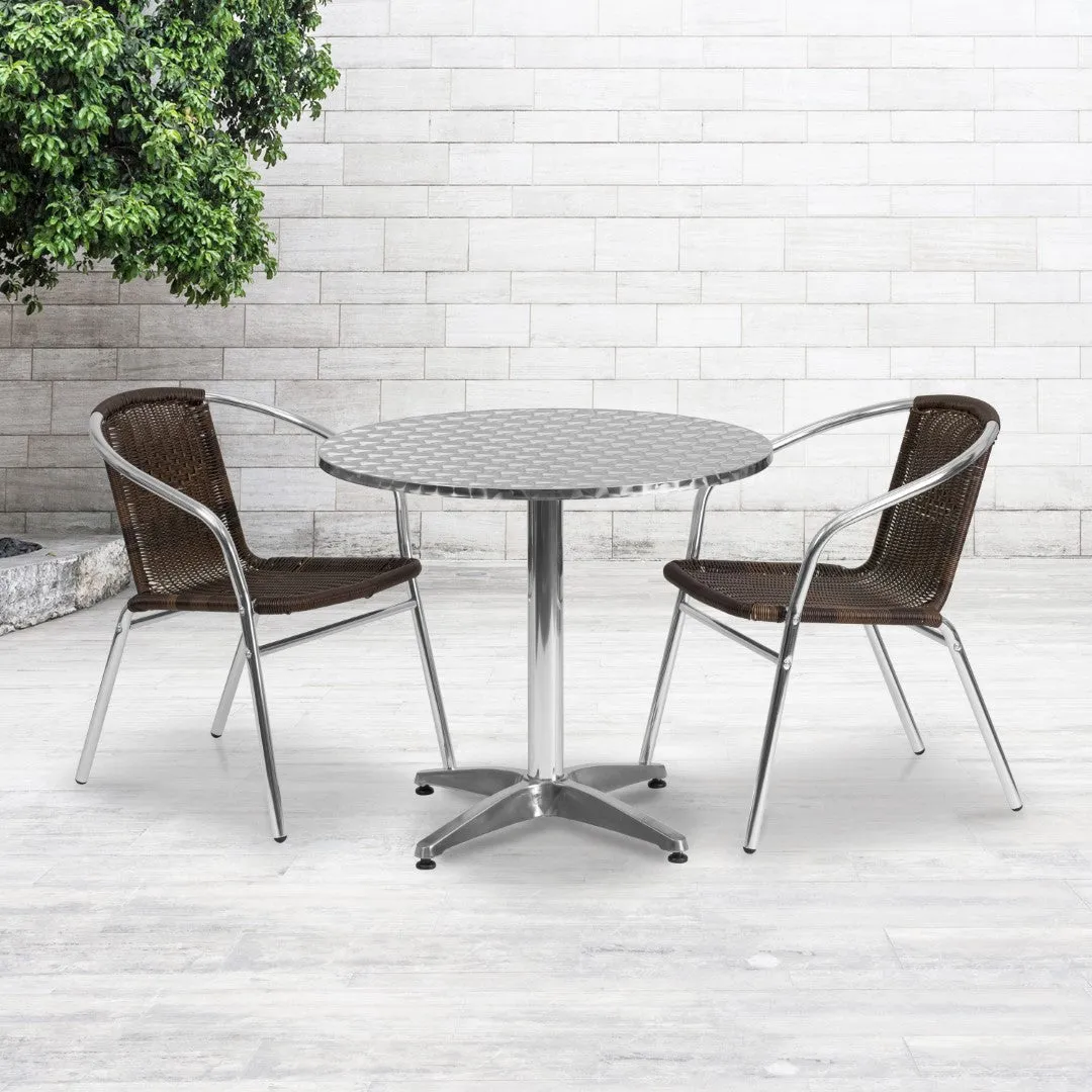 31.5'' Round Aluminum Table Set with 2 Rattan Chairs - Commercial Grade