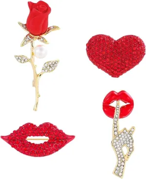4 Pcs Women Brooch Pins Bulk Set, Stylish Red Rhinestone Lip Love Heart Rose Flower Brooches for Women Chrismas Valentine's Day Gifts