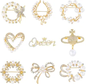 9 Pcs Elegant Women's Faux Pearl Brooch Pins for Dress Crystal Rhinestones Flower Brooches for Crafts Wedding Bouquets Clothing Accessory Pins