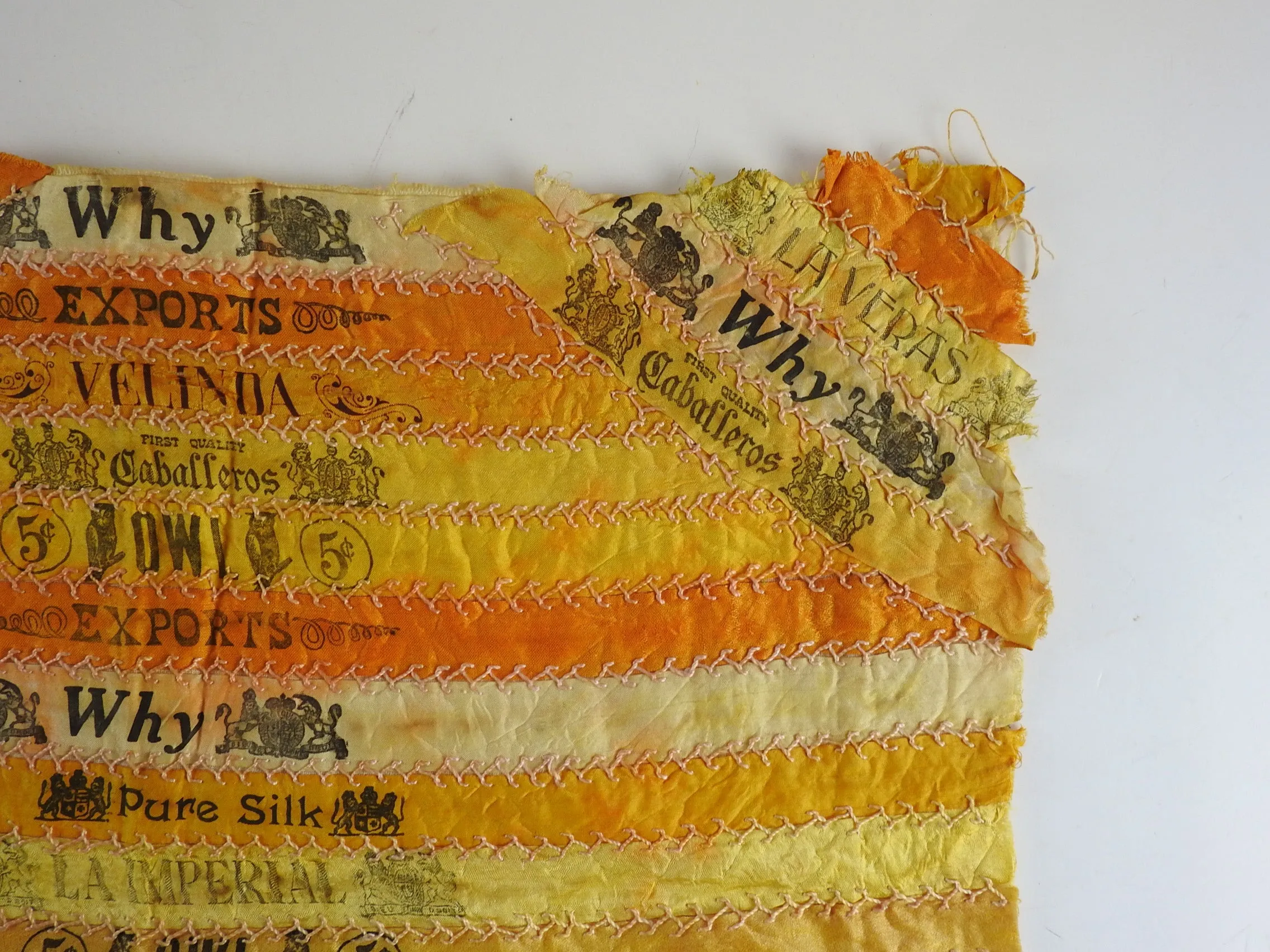 Antique Hand Embroidered Silk Cigar Ribbon Quilt Block