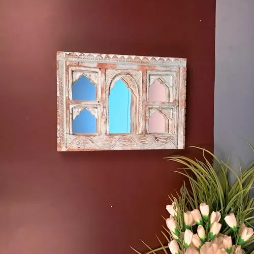 Apka Mart The Online Shop Wooden Jharokha Frame With Mirror Wall Hanging | Antique Finished Handcrafted Rustic Mirror Jharokha - Home, Wall Decor, Living room, Entrance Decoration & Gifts - 9 Inch
