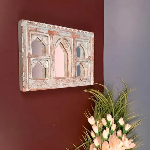 Apka Mart The Online Shop Wooden Jharokha Frame With Mirror Wall Hanging | Antique Finished Handcrafted Rustic Mirror Jharokha - Home, Wall Decor, Living room, Entrance Decoration & Gifts - 9 Inch