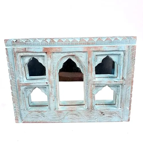 Apka Mart The Online Shop Wooden Jharokha Frame With Mirror Wall Hanging | Antique Finished Handcrafted Rustic Mirror Jharokha - Home, Wall Decor, Living room, Entrance Decoration & Gifts - 9 Inch