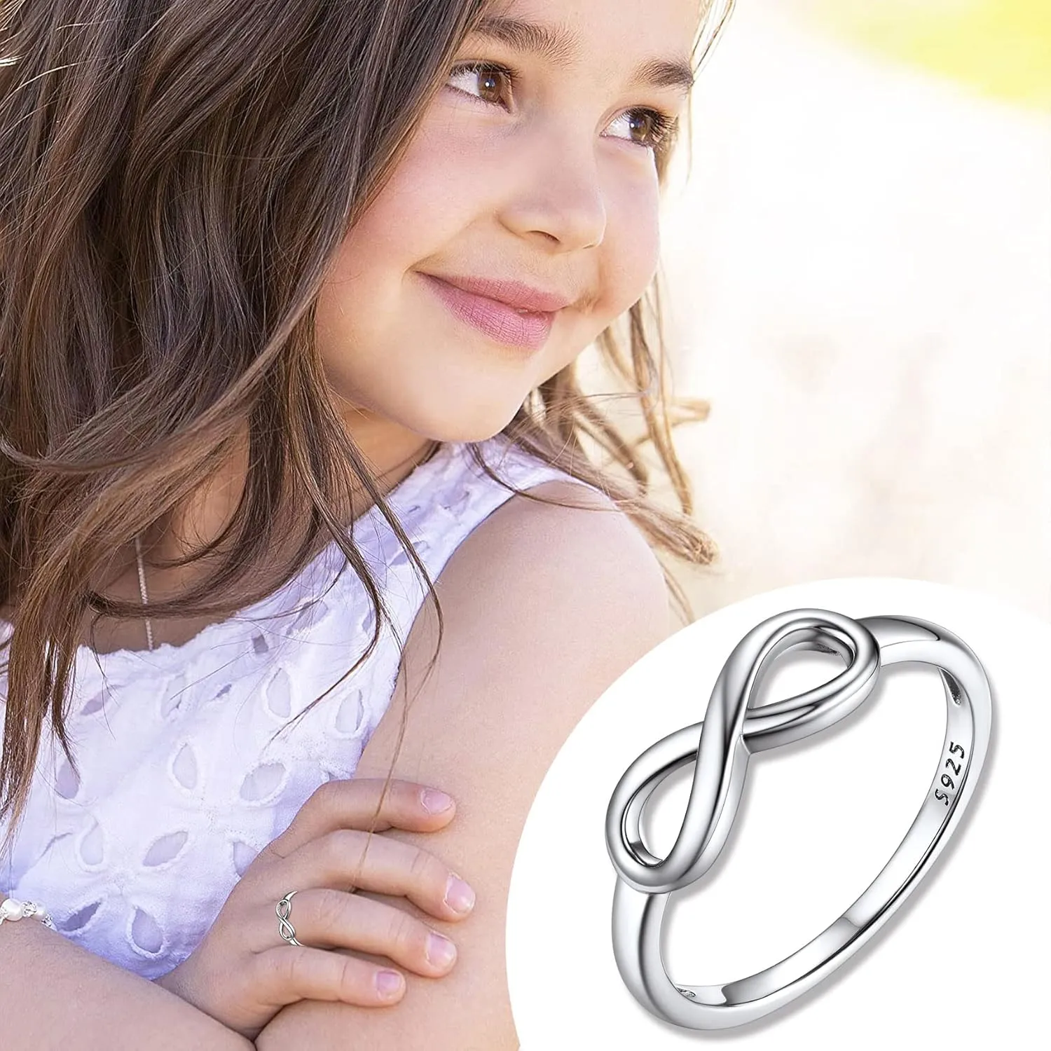 Bestyle Simple S925 Sterling Silver Infinity Rings Cubic Zirconia Rings, Nice Cute BFF Friendship Rings, Dainty Eternity Promise Wedding Bands Perfect Every Day Ring, Size 4-12, Words Engavable