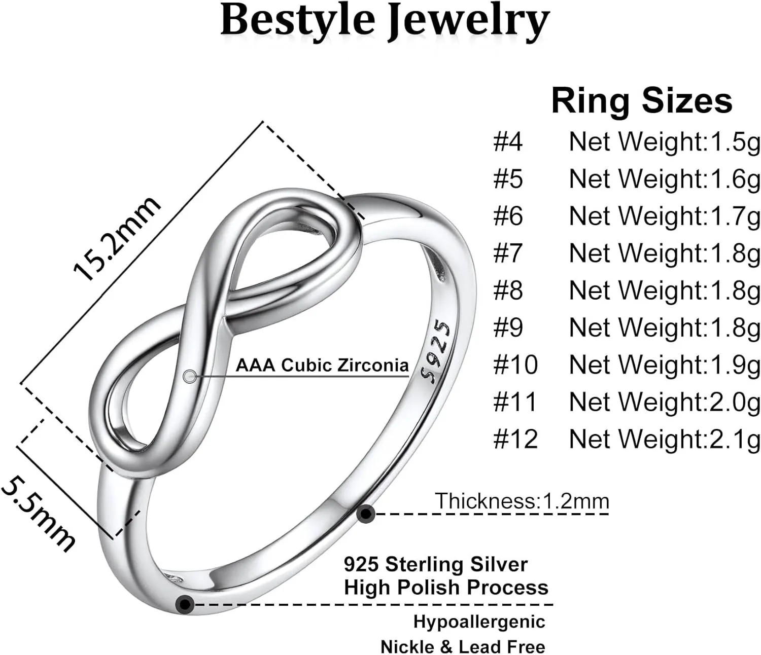 Bestyle Simple S925 Sterling Silver Infinity Rings Cubic Zirconia Rings, Nice Cute BFF Friendship Rings, Dainty Eternity Promise Wedding Bands Perfect Every Day Ring, Size 4-12, Words Engavable
