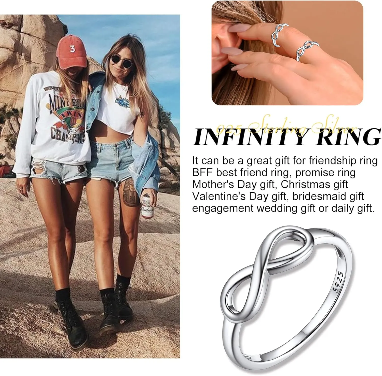 Bestyle Simple S925 Sterling Silver Infinity Rings Cubic Zirconia Rings, Nice Cute BFF Friendship Rings, Dainty Eternity Promise Wedding Bands Perfect Every Day Ring, Size 4-12, Words Engavable