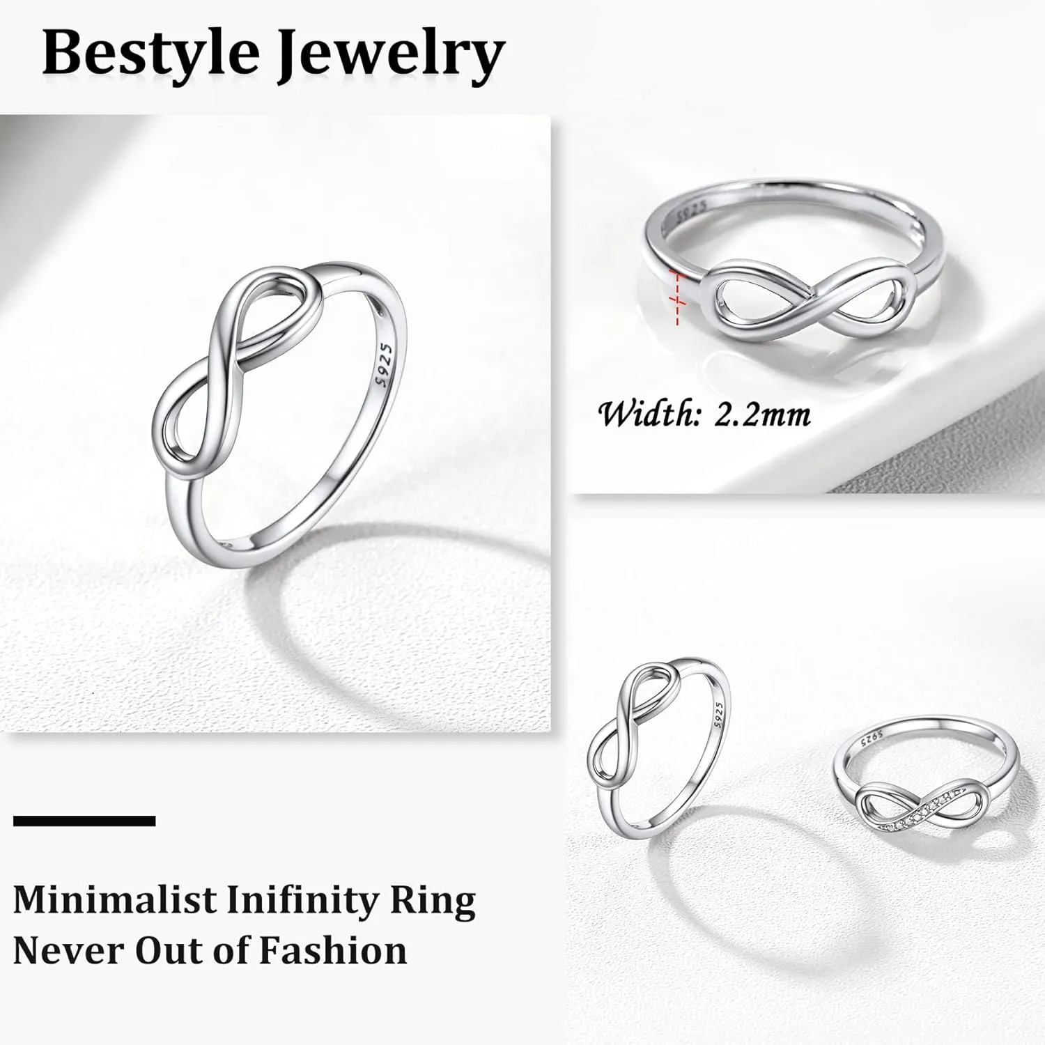 Bestyle Simple S925 Sterling Silver Infinity Rings Cubic Zirconia Rings, Nice Cute BFF Friendship Rings, Dainty Eternity Promise Wedding Bands Perfect Every Day Ring, Size 4-12, Words Engavable
