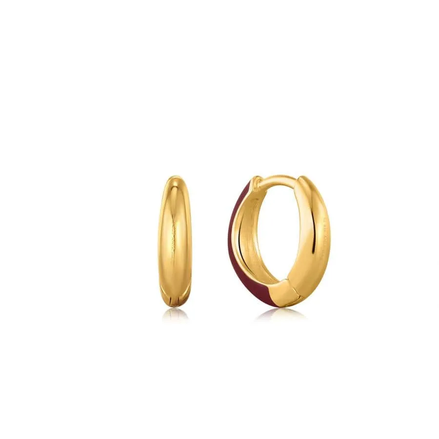 Claret Red Enamel Gold Sleek Huggie