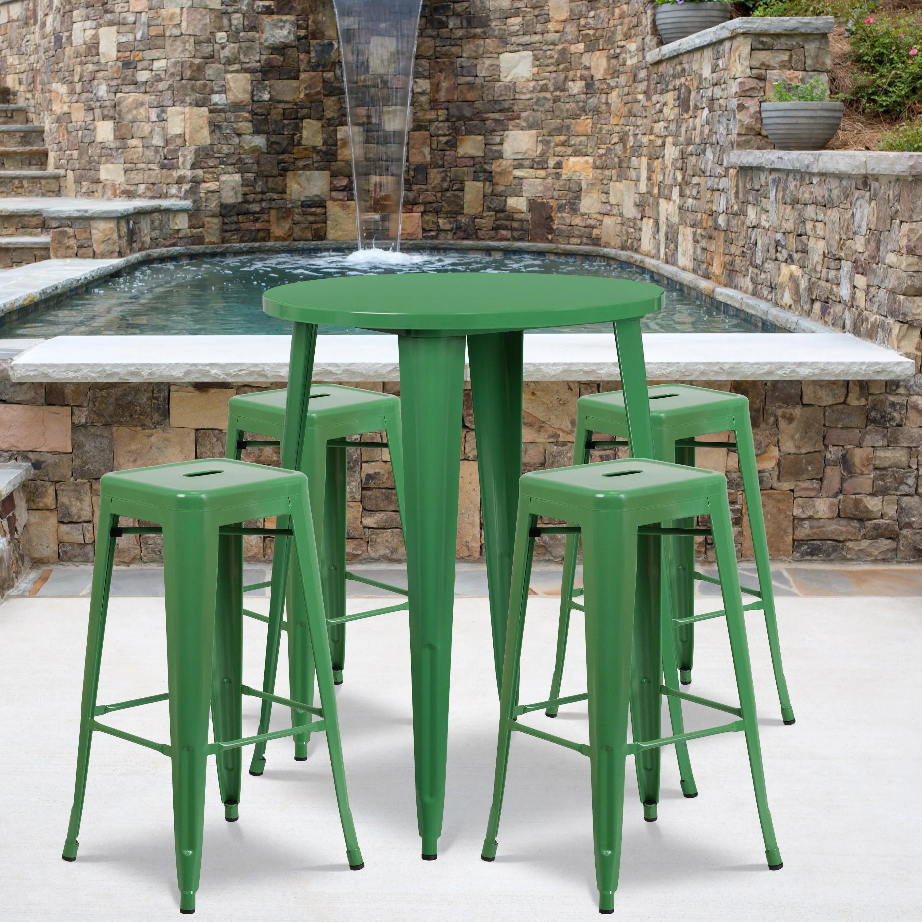 Commercial Grade 30" Round Metal Indoor-Outdoor Bar Table Set with 4 Square Seat Backless Stools