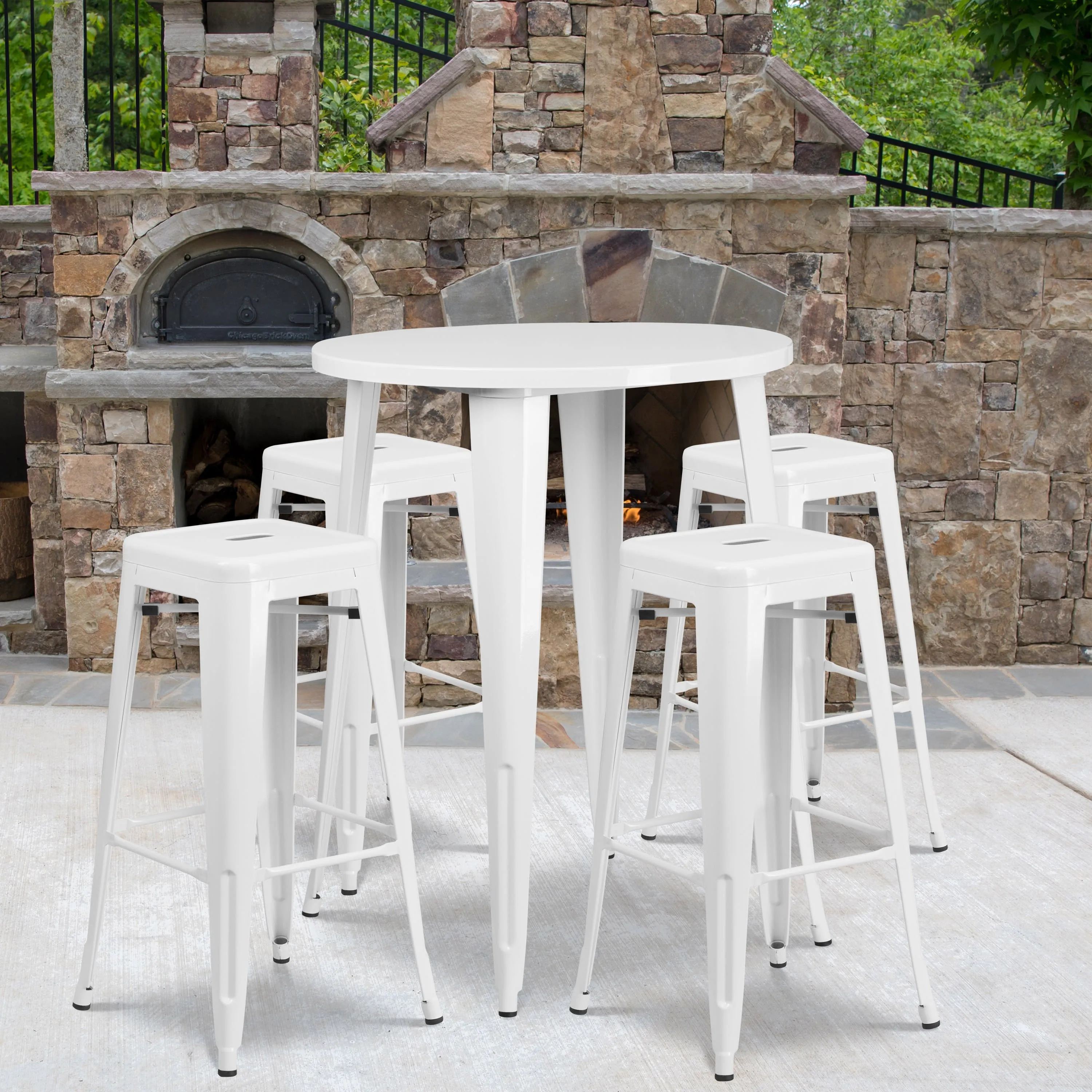 Commercial Grade 30" Round Metal Indoor-Outdoor Bar Table Set with 4 Square Seat Backless Stools