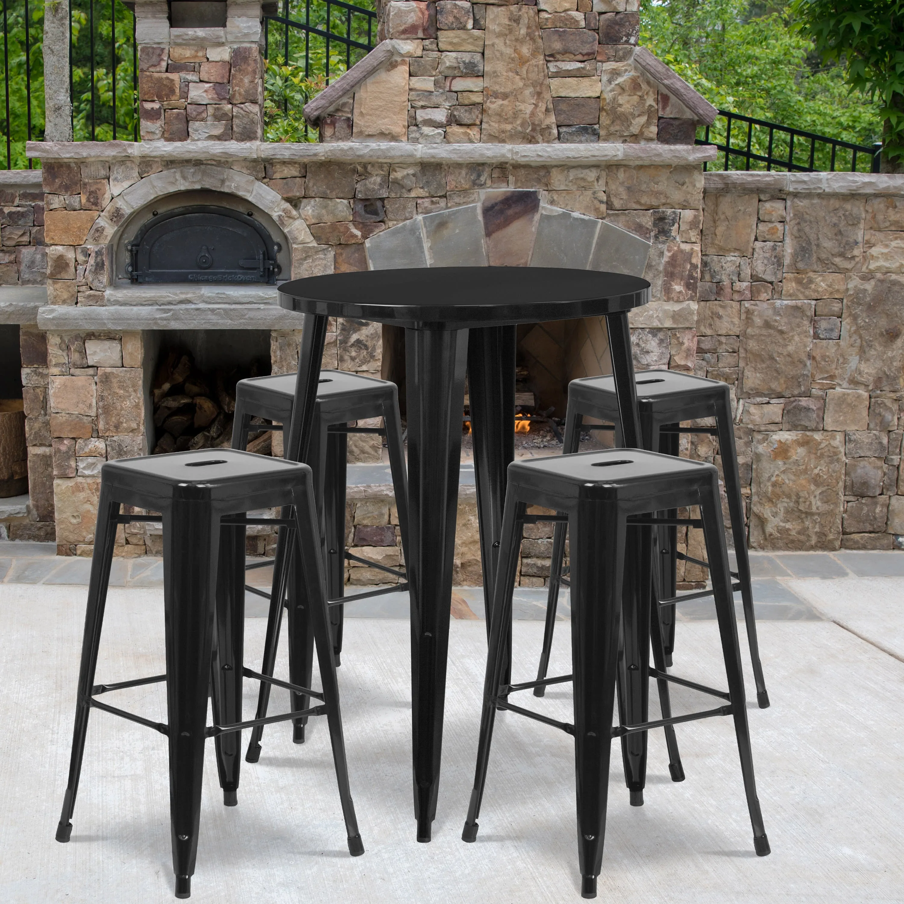Commercial Grade 30" Round Metal Indoor-Outdoor Bar Table Set with 4 Square Seat Backless Stools