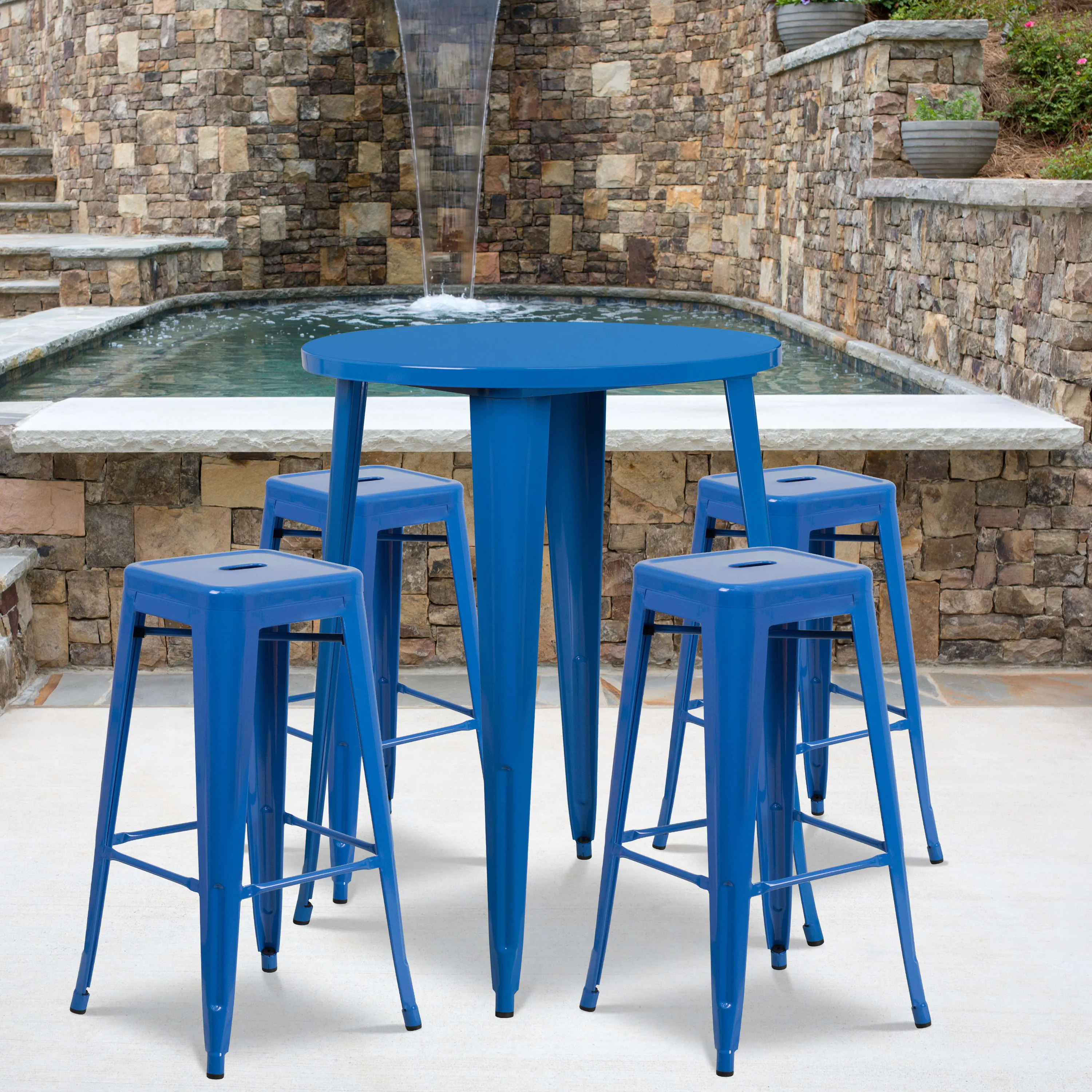 Commercial Grade 30" Round Metal Indoor-Outdoor Bar Table Set with 4 Square Seat Backless Stools