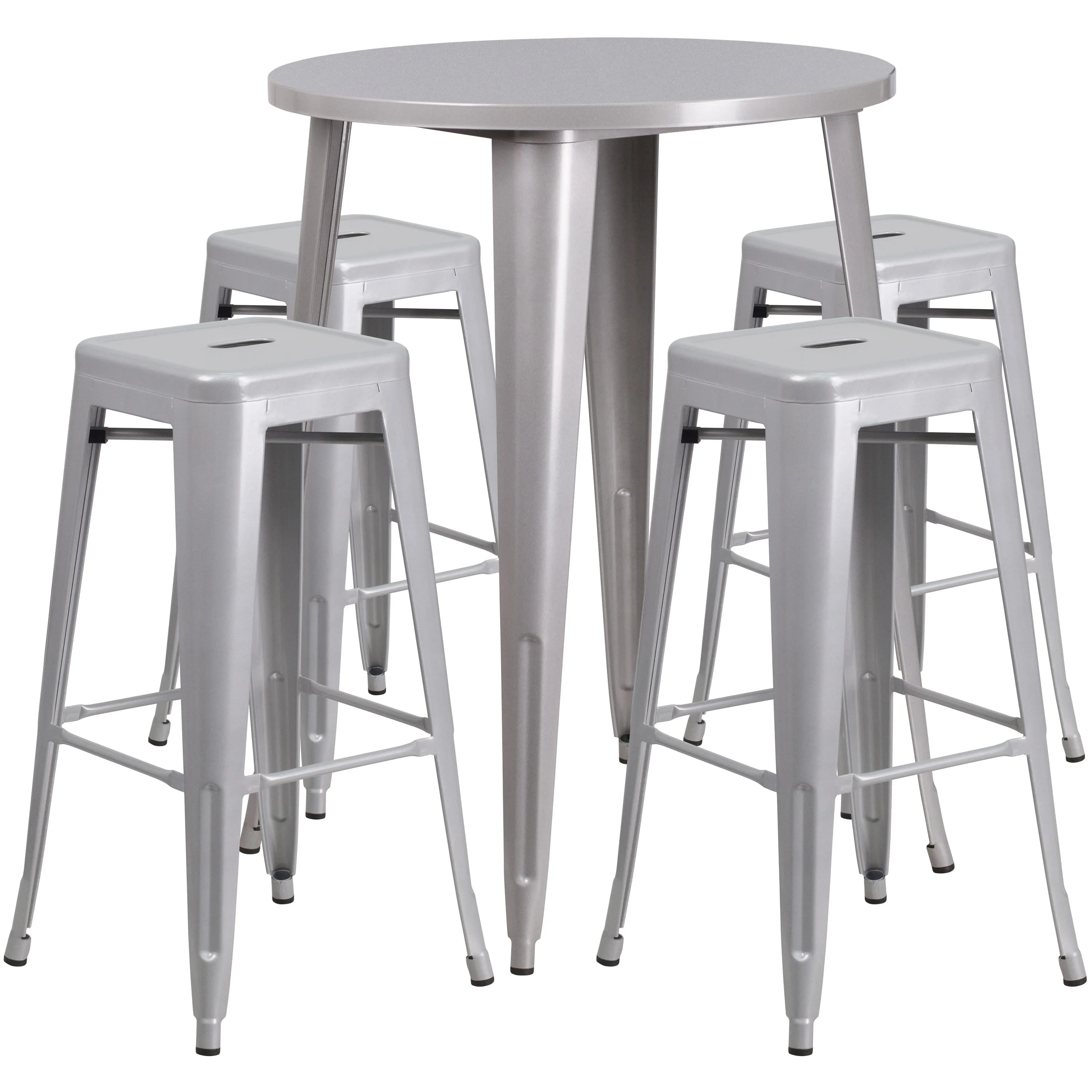 Commercial Grade 30" Round Metal Indoor-Outdoor Bar Table Set with 4 Square Seat Backless Stools
