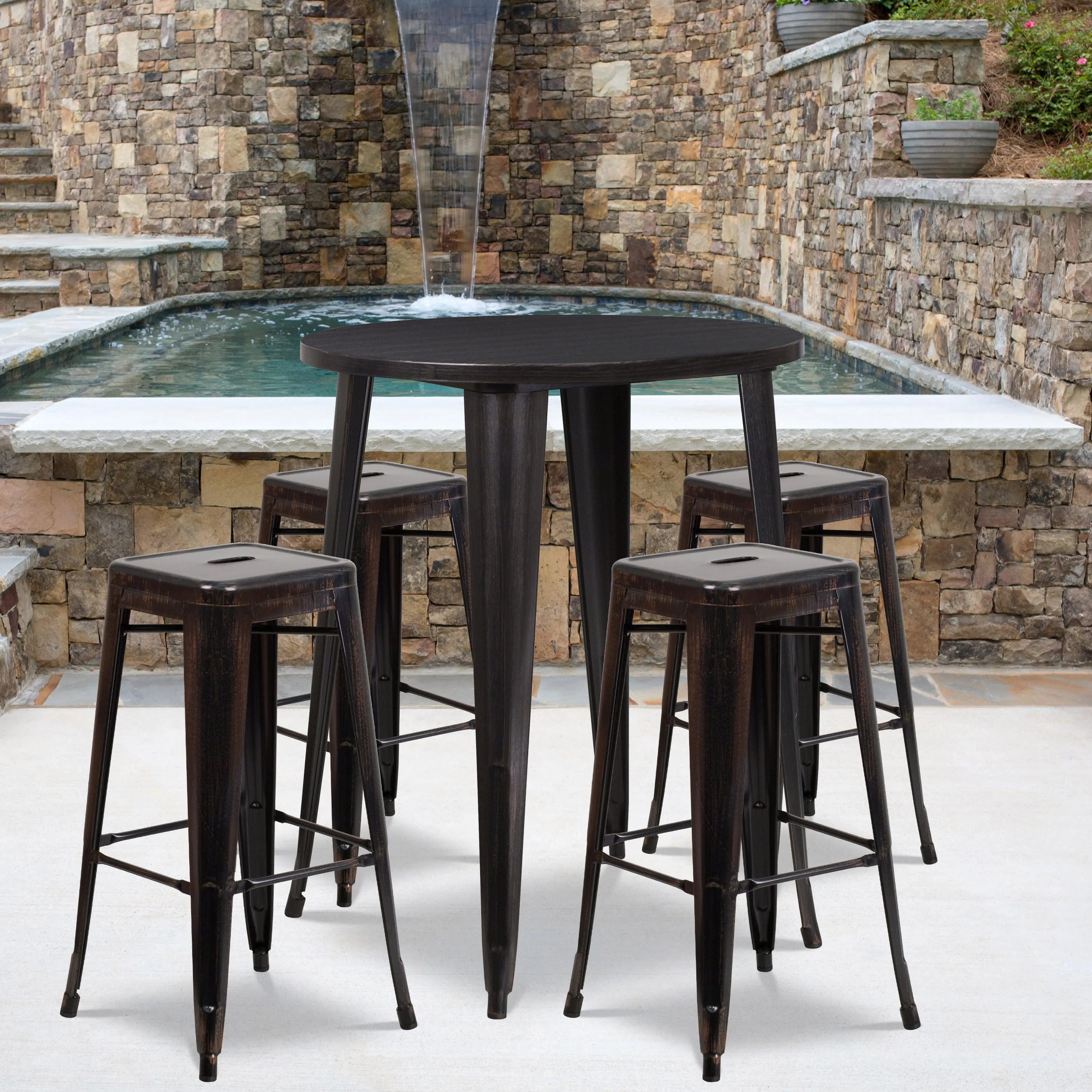 Commercial Grade 30" Round Metal Indoor-Outdoor Bar Table Set with 4 Square Seat Backless Stools