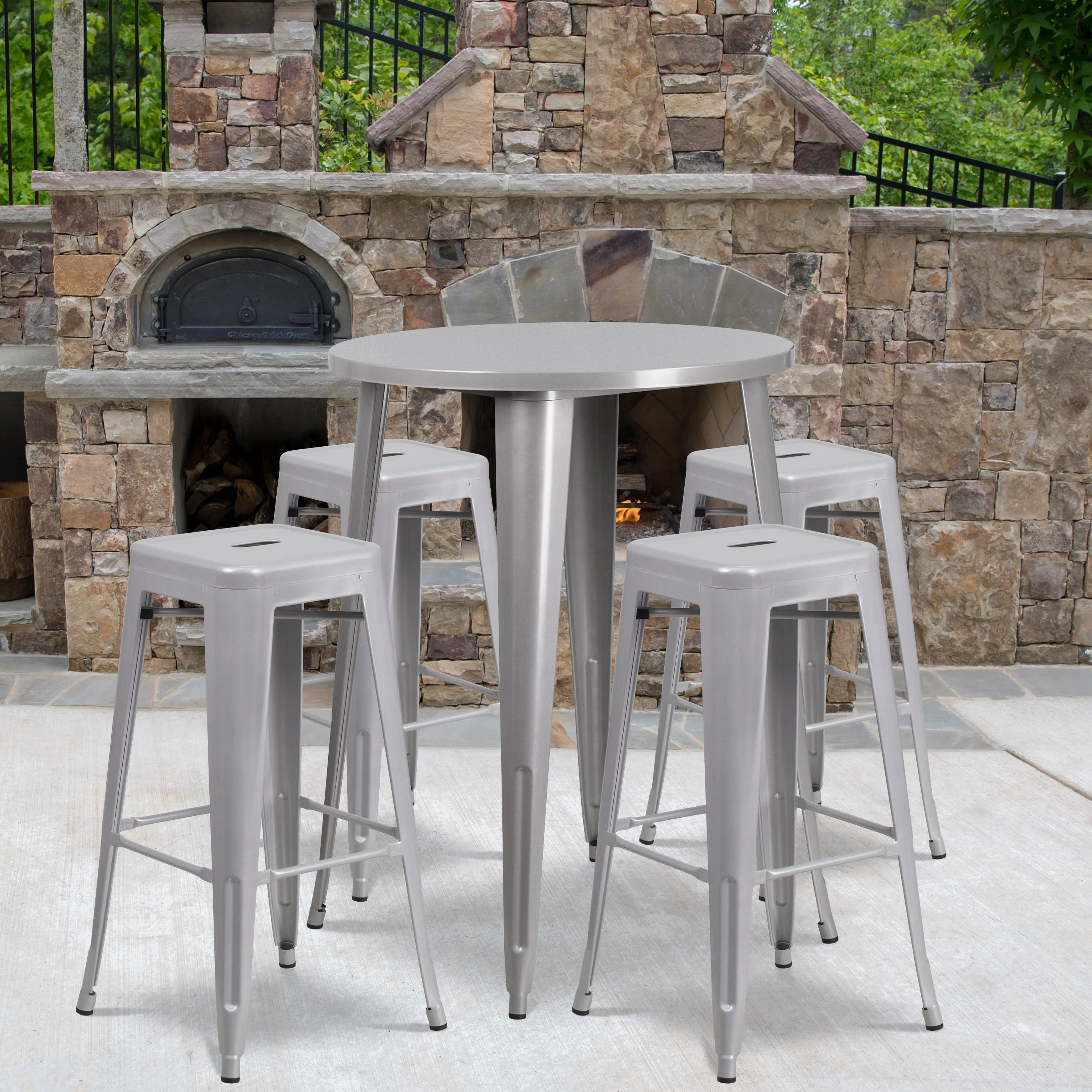 Commercial Grade 30" Round Metal Indoor-Outdoor Bar Table Set with 4 Square Seat Backless Stools