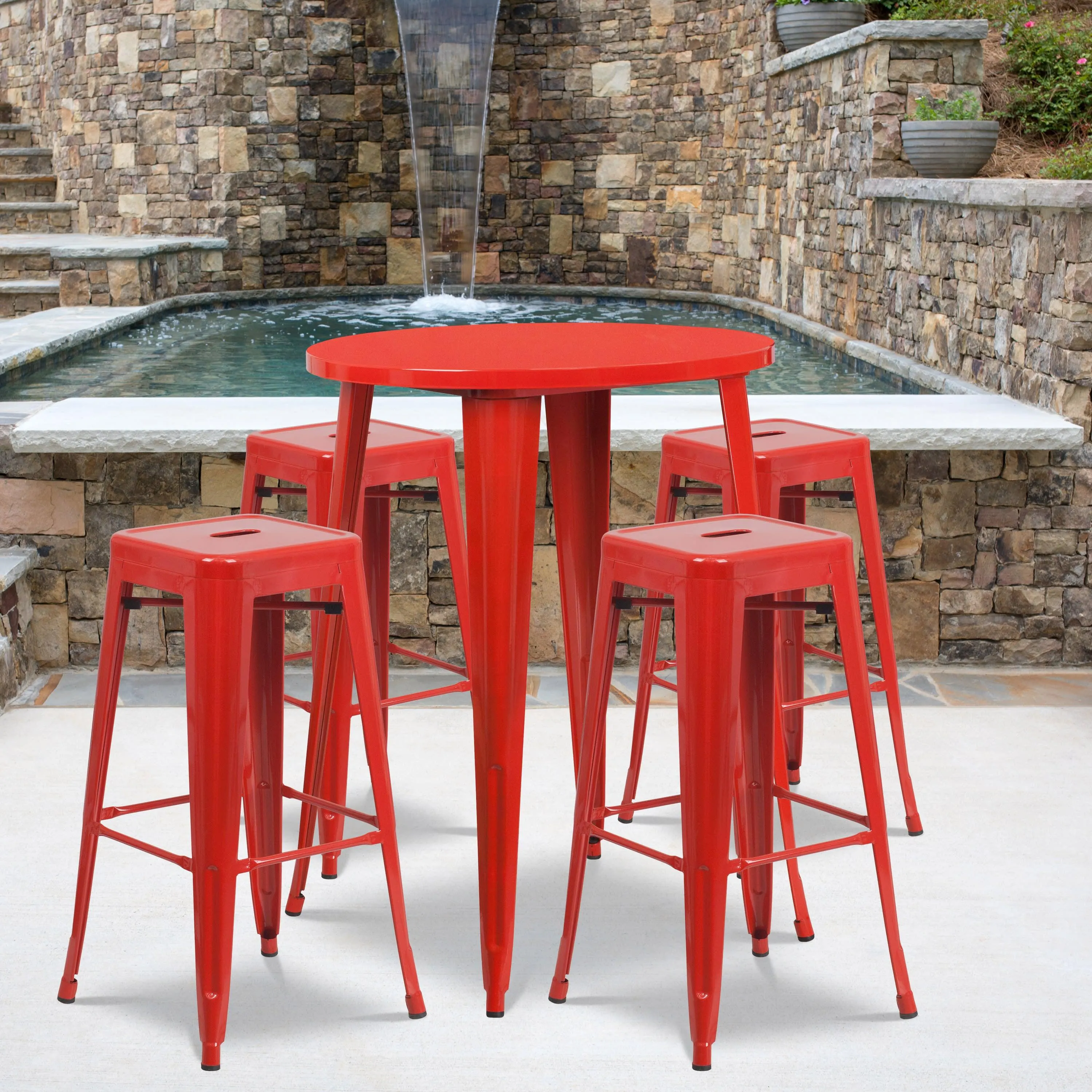 Commercial Grade 30" Round Metal Indoor-Outdoor Bar Table Set with 4 Square Seat Backless Stools