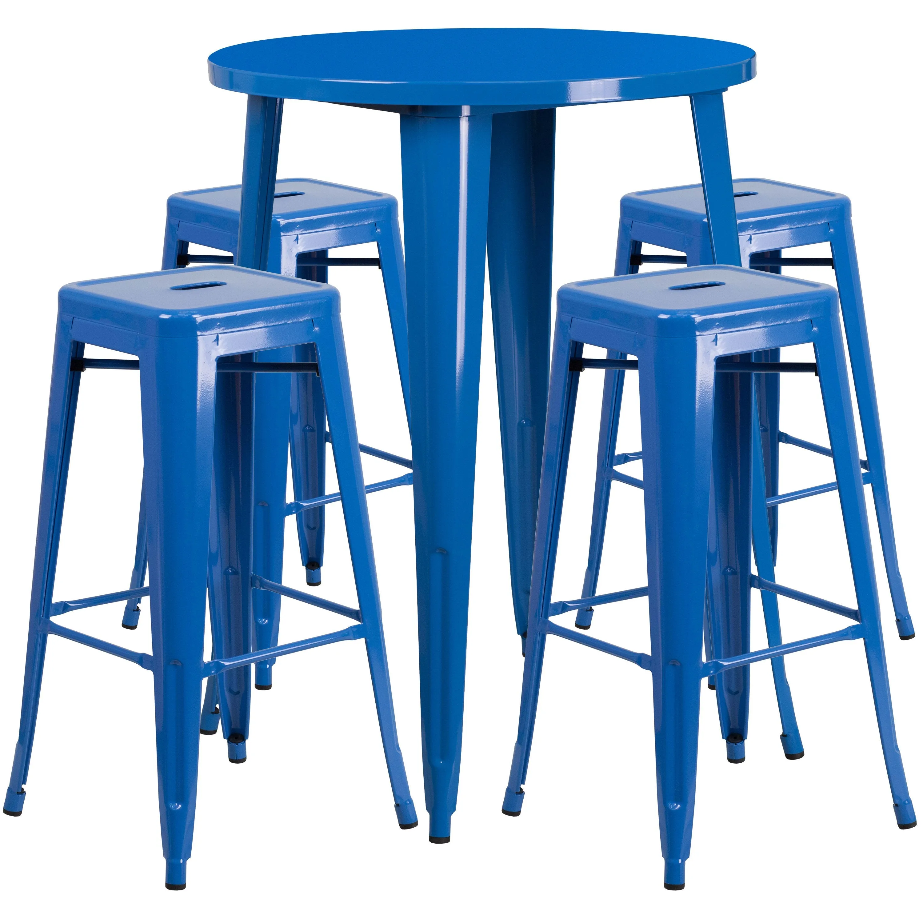 Commercial Grade 30" Round Metal Indoor-Outdoor Bar Table Set with 4 Square Seat Backless Stools