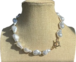 Cream Baroque Pearl /gold T Bar Necklace In Tulle Gift Bag