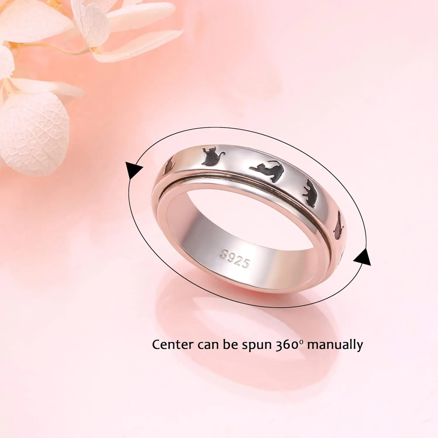 DAOCHONG S925 Sterling Silver Spinner Fidget Anxiety Worry Relieving Boredom ADHD Autism Band Rings for Women