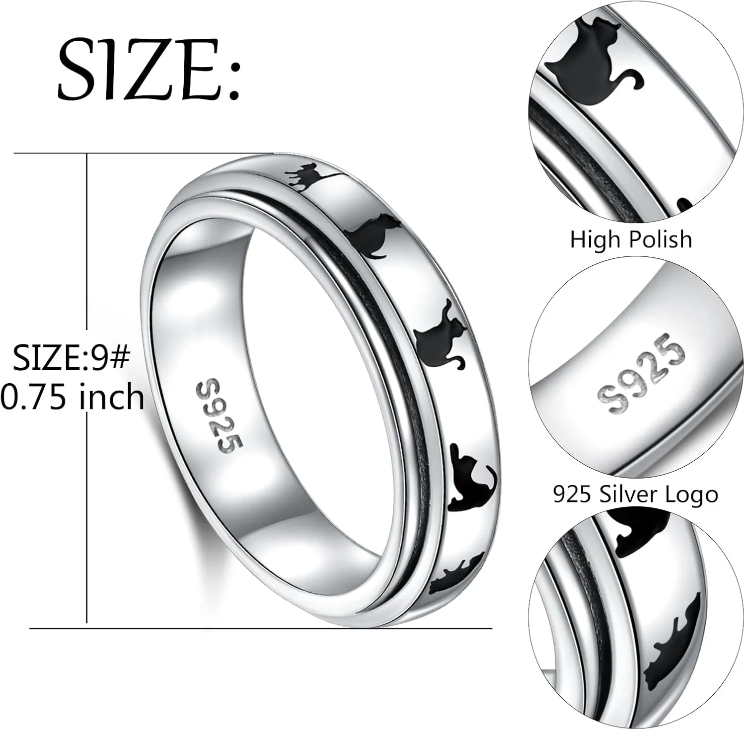 DAOCHONG S925 Sterling Silver Spinner Fidget Anxiety Worry Relieving Boredom ADHD Autism Band Rings for Women