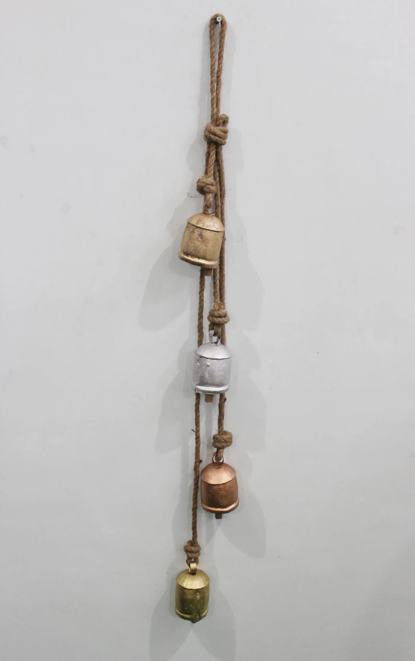 Gold , Silver , Copper and Bronze Color Iron Tin Cow Bells Hanging Chime Rustic Rope Indian Metal Crafts