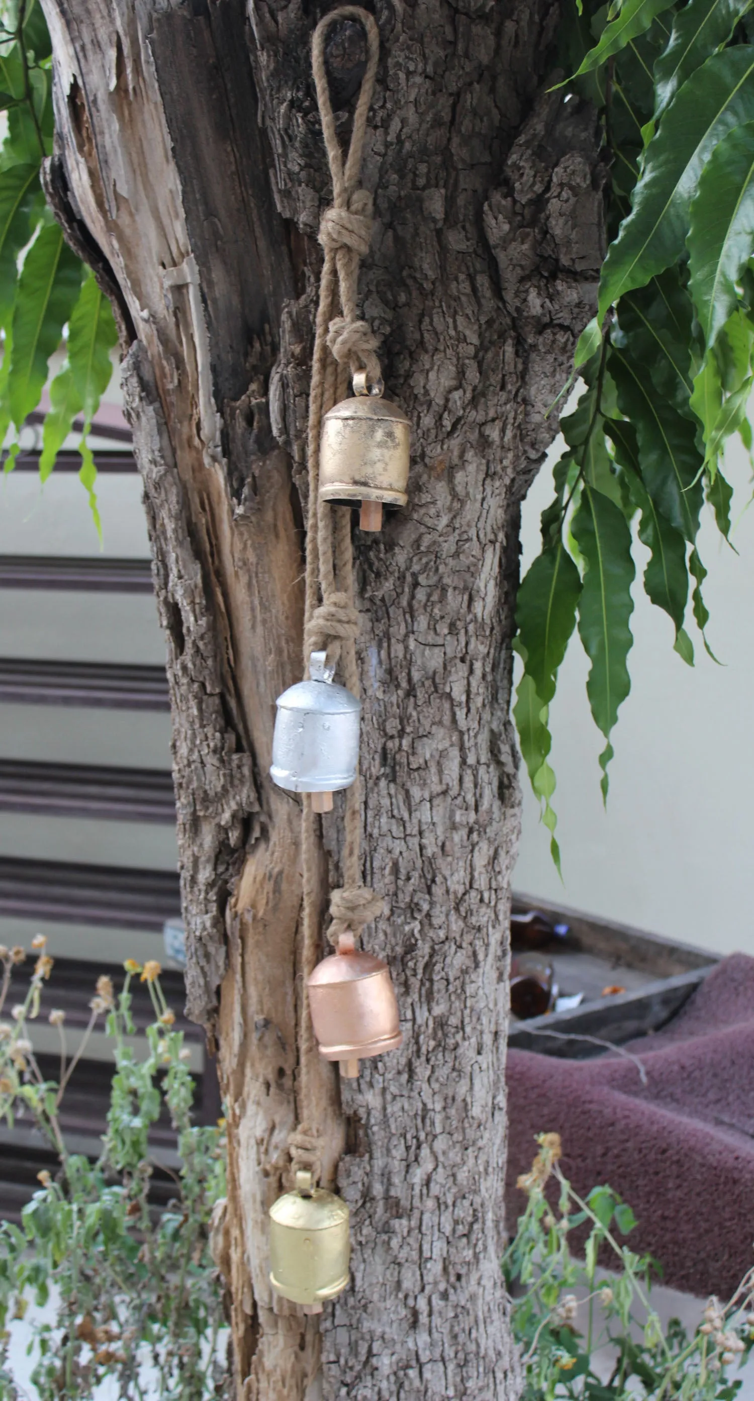 Gold , Silver , Copper and Bronze Color Iron Tin Cow Bells Hanging Chime Rustic Rope Indian Metal Crafts