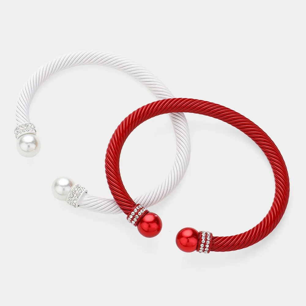 iLLASPARKZ 2PCS - Stone Paved Pearl Pointed Tip Double Cuff Bracelets