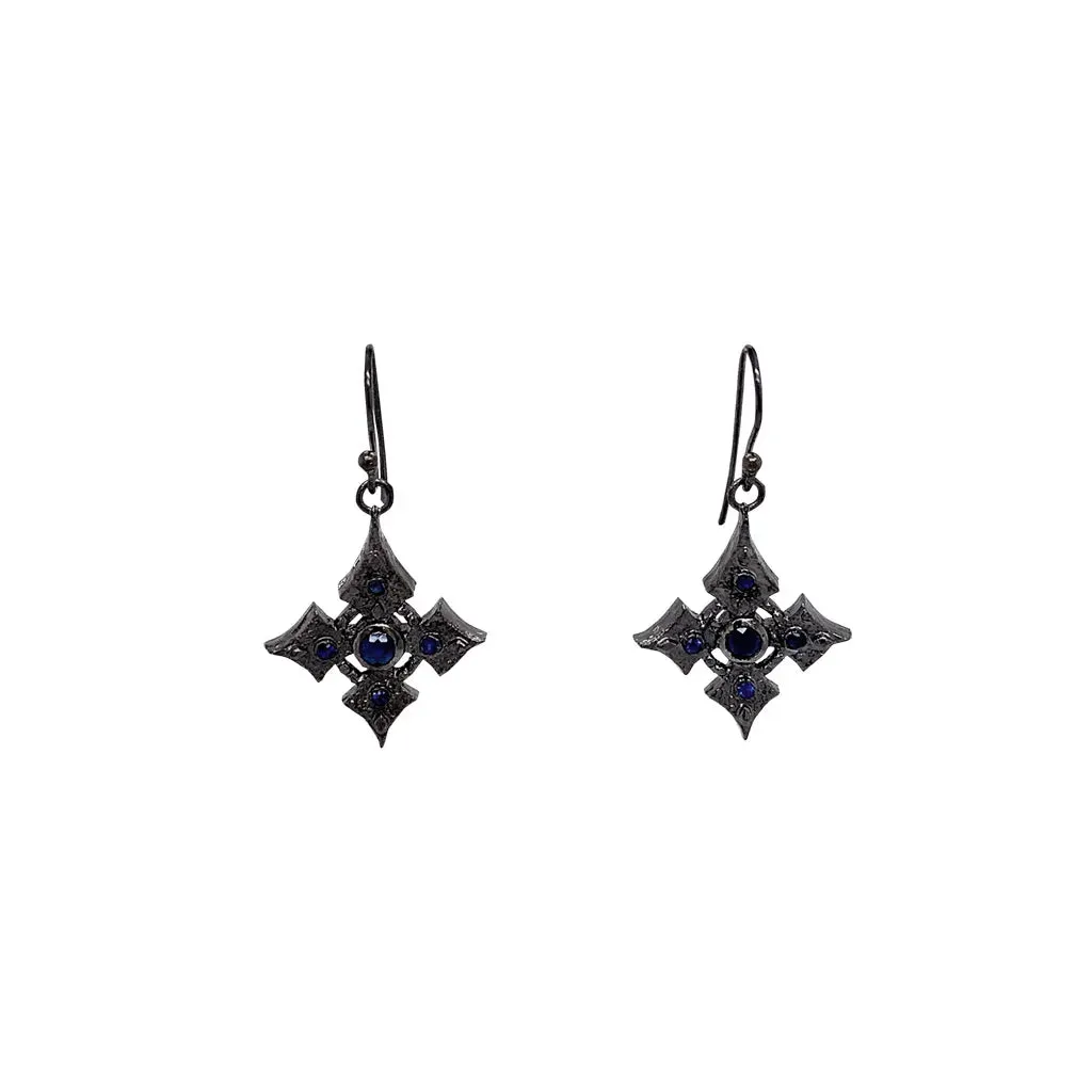 Keith Jack Sterling Silver Sapphire .69ctw Black Rhodium Celtic Cross Earrings