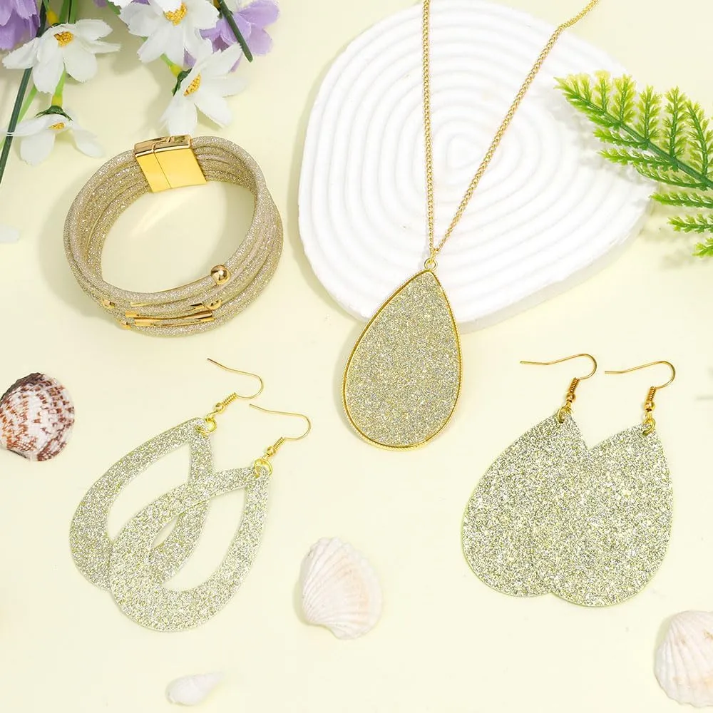 MystiCharm 4 Pieces Women's Glitter Jewelry Set Faux Leather Earrings Necklace Bracelet Christmas Accessories Decoration