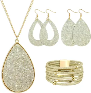 MystiCharm 4 Pieces Women's Glitter Jewelry Set Faux Leather Earrings Necklace Bracelet Christmas Accessories Decoration