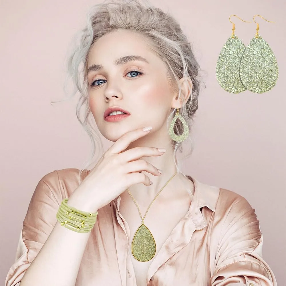 MystiCharm 4 Pieces Women's Glitter Jewelry Set Faux Leather Earrings Necklace Bracelet Christmas Accessories Decoration