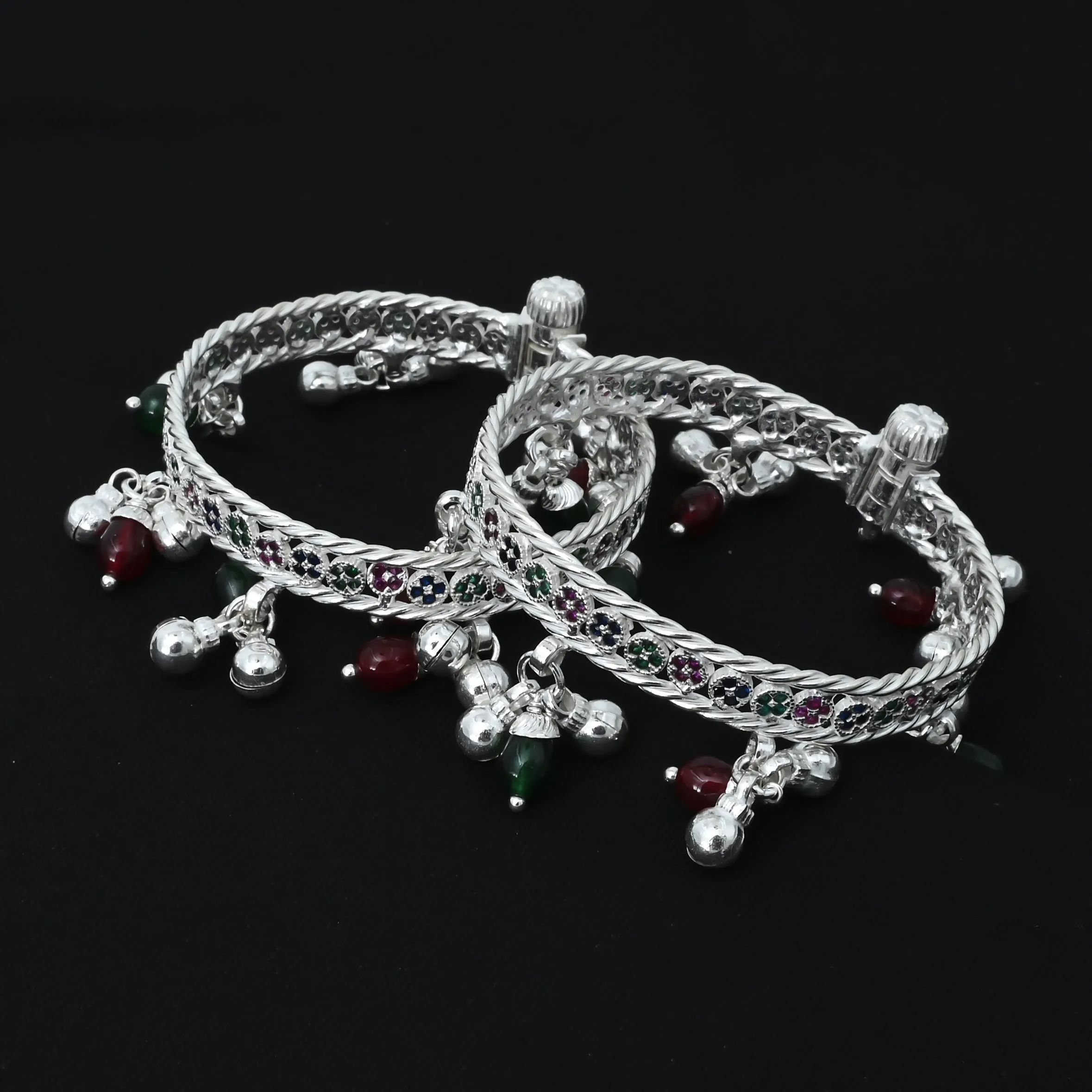 Silver Green and Red Gems & Beaded Kada Payal for Baby Girl, Khushbu Jewellers