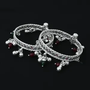 Silver Green and Red Gems & Beaded Kada Payal for Baby Girl, Khushbu Jewellers