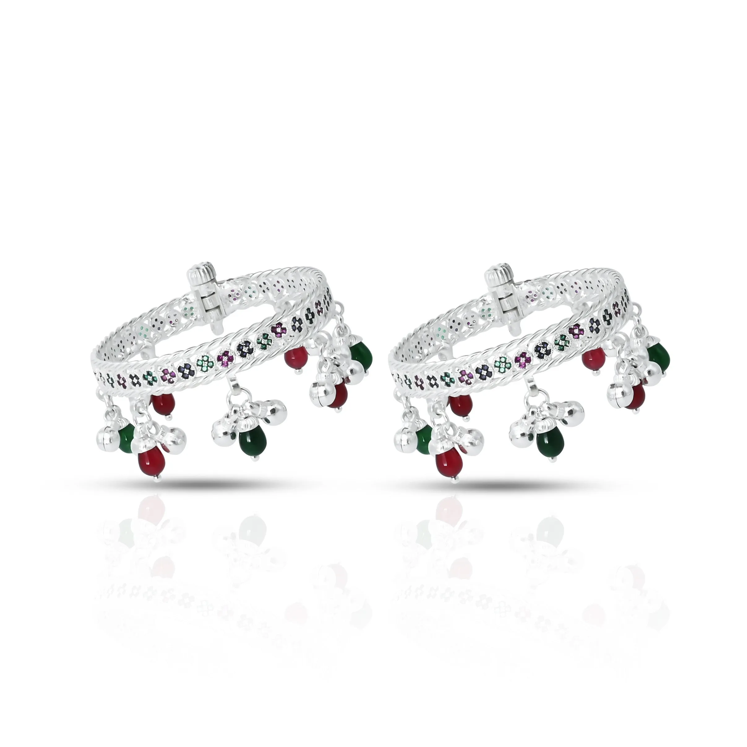 Silver Green and Red Gems & Beaded Kada Payal for Baby Girl, Khushbu Jewellers