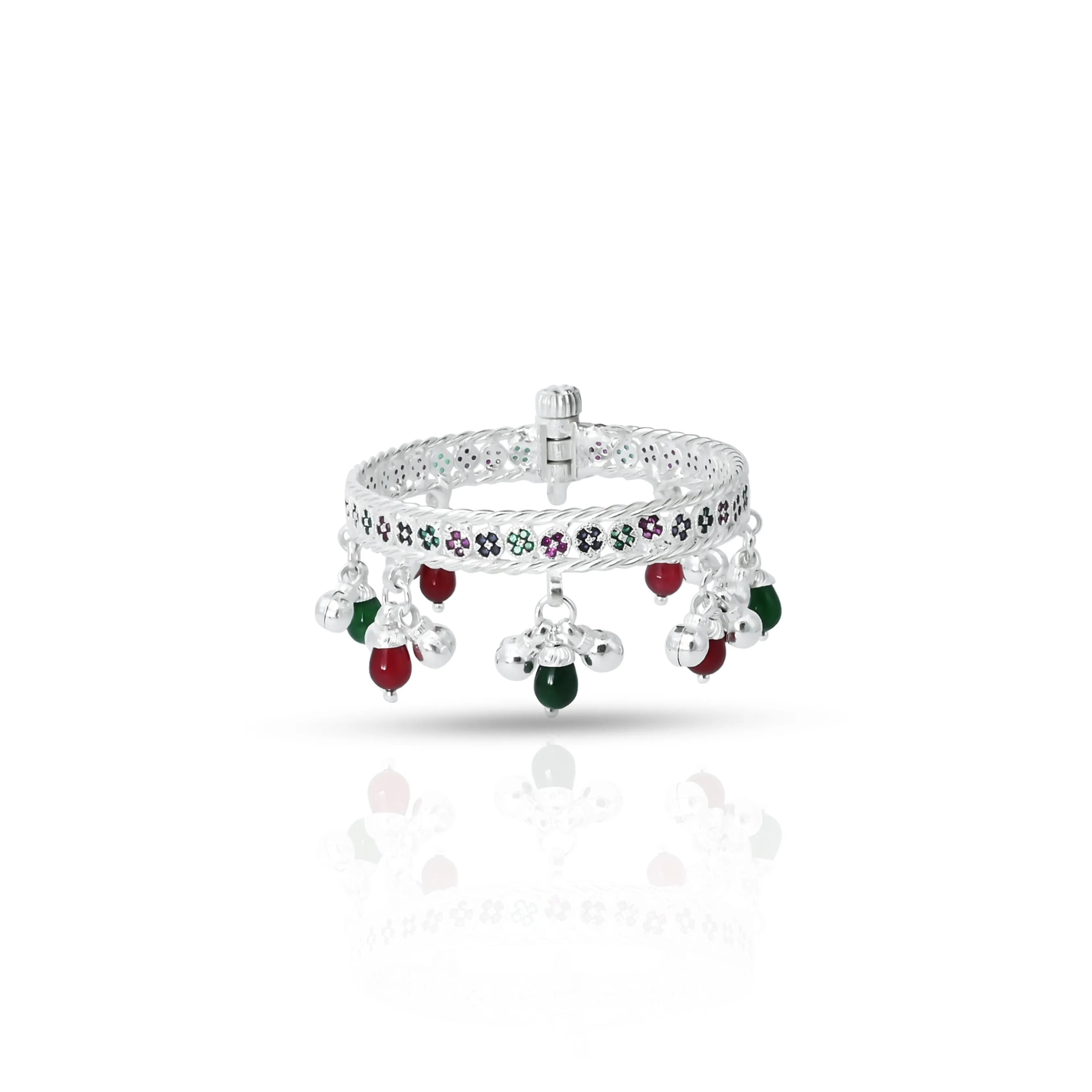 Silver Green and Red Gems & Beaded Kada Payal for Baby Girl, Khushbu Jewellers
