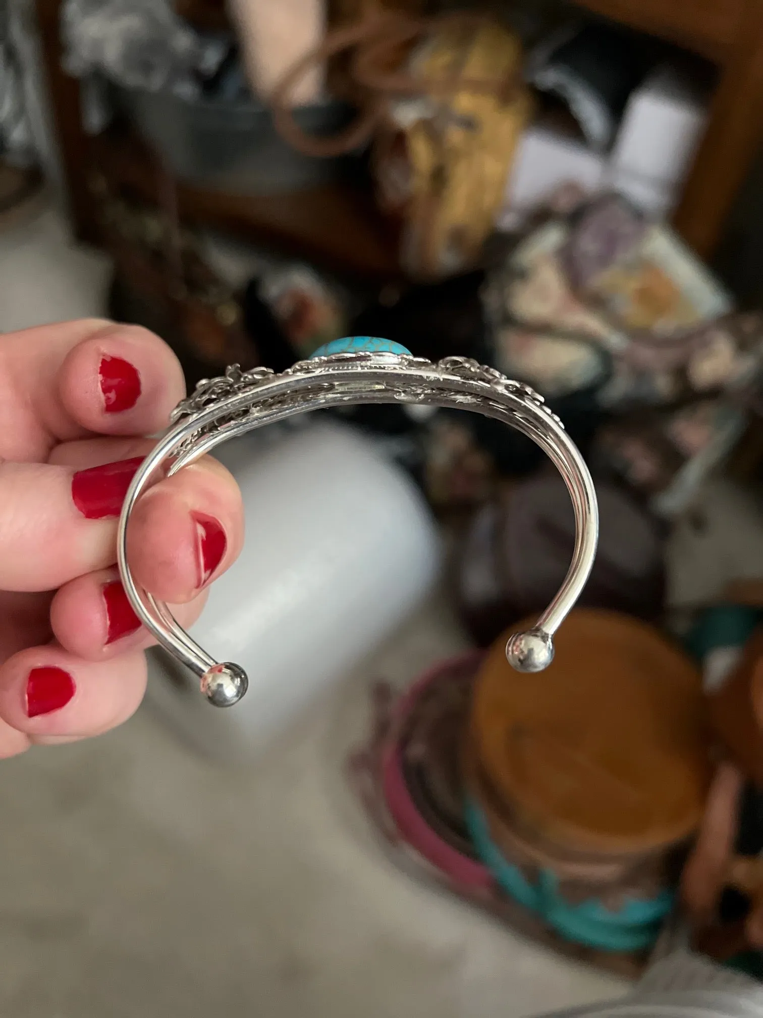 Silvertone Faux Turquoise Floral Cuff Bracelet
