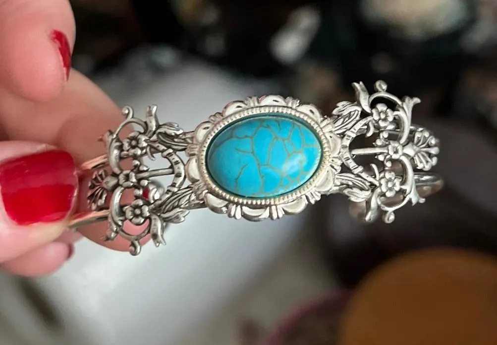 Silvertone Faux Turquoise Floral Cuff Bracelet