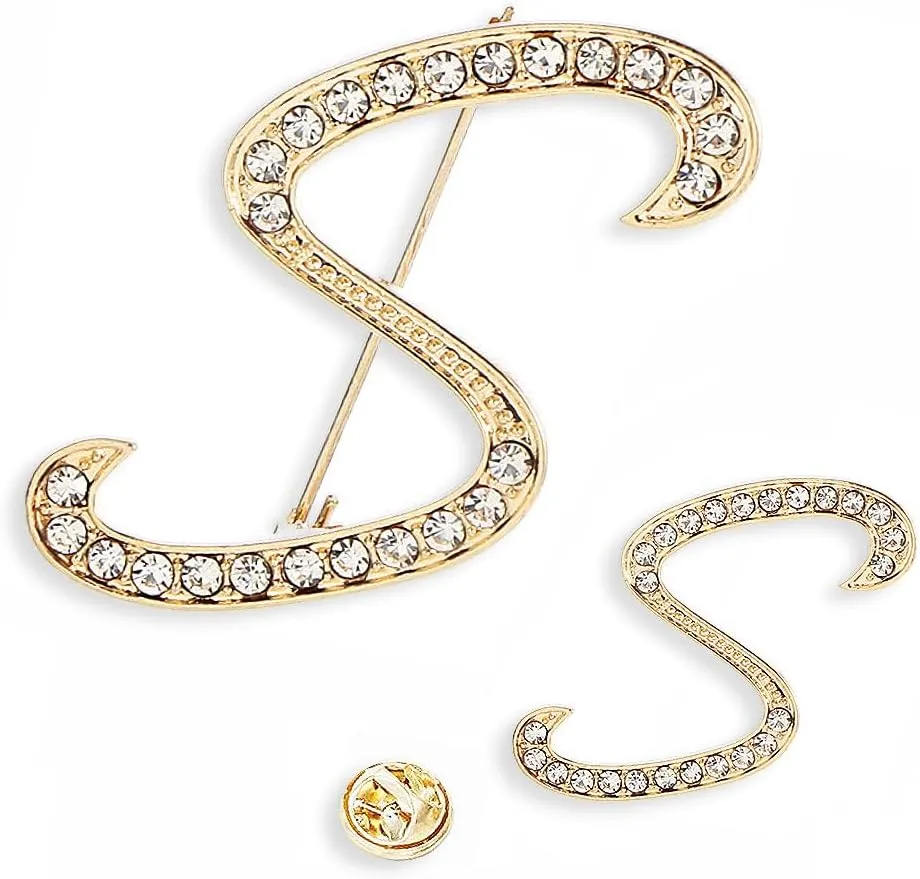 SINNKYA-Z Womans 26 Letter Initial Brooch Pins, Gold Clear Crystal Rhinestone Breastpins Letter Stocking Pins for gifts 2size/package
