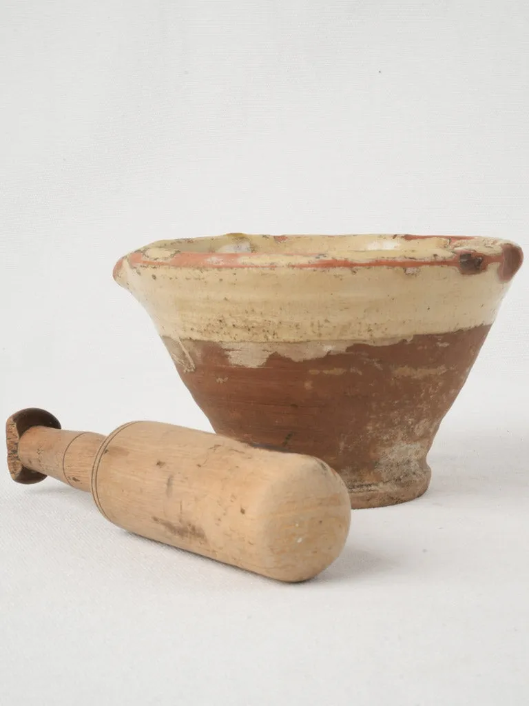 Small Antique French Glazed Terracotta Mortar with Wooden Pestle 4¼"