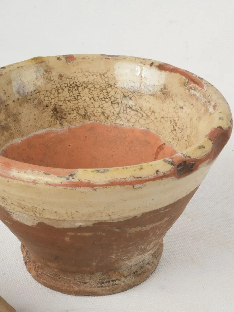 Small Antique French Glazed Terracotta Mortar with Wooden Pestle 4¼"