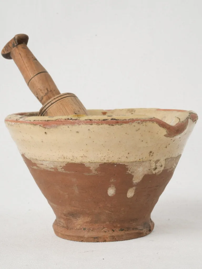 Small Antique French Glazed Terracotta Mortar with Wooden Pestle 4¼"