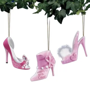 The Bradford Exchange BCA Shoe Set of 3 Christmas Ornaments Decorations Beautifully Exquisitely Handcrafted Breast Cancer Awareness Design 3-inches