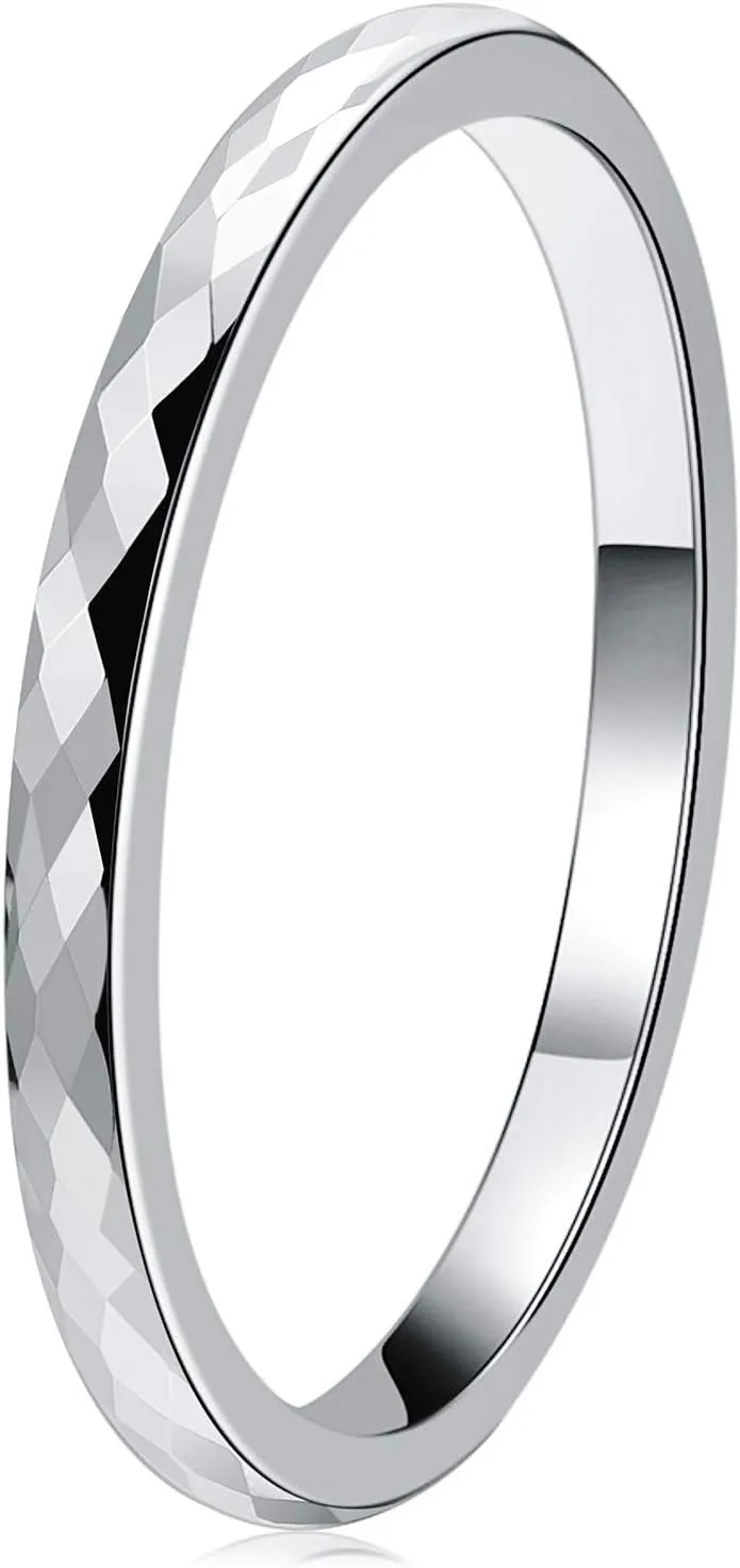THREE KEYS JEWELRY 2mm/8mm White Tungsten Carbide Ring Wedding Engagement Band Rose Gold/Silver Multi Faceted Fashion Band