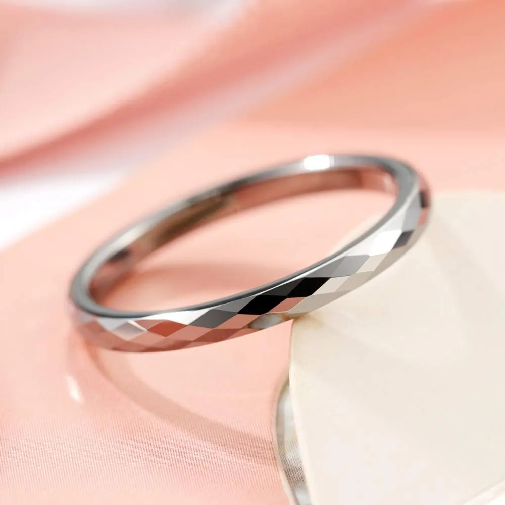 THREE KEYS JEWELRY 2mm/8mm White Tungsten Carbide Ring Wedding Engagement Band Rose Gold/Silver Multi Faceted Fashion Band