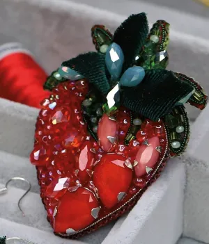 Womens Brooch Red, Crystal Green Pin Strawberry